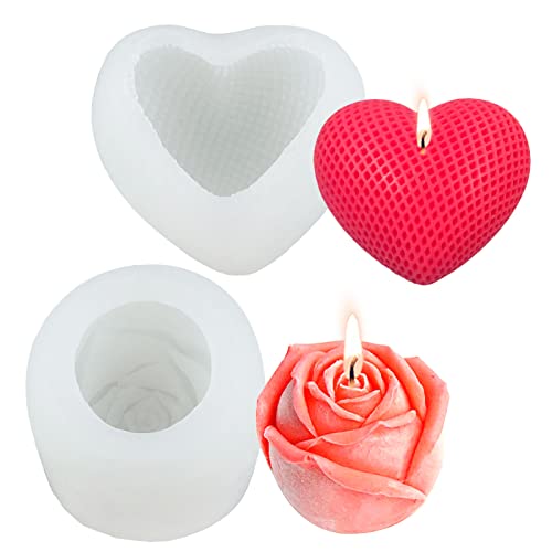 2 Stück Kerzenform Rosen Herz Kerzenformen zum Gießen 3D Silikonform Herz DIY Blumen Kerzen Formen Silikon Liebe Rose Kerzengießformen für Kerze Seifen Fondant Schokoladen Mousse Kuchen Dekoration von Tuxuzal