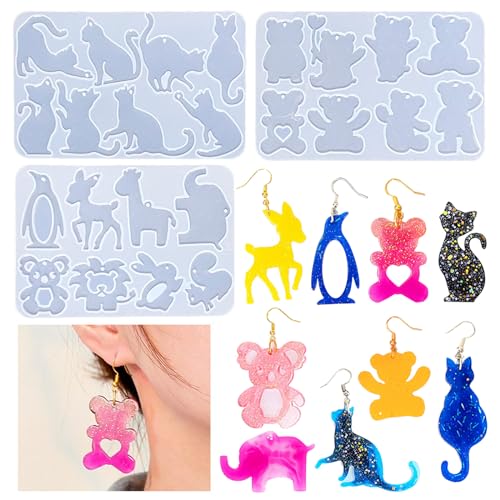 3 Stück Epoxidharz Silikonform Anhänger Silikonform Tiere Gießform Katze Epoxidharz Form Anhänger Gießform Bär Tiere Harzform für Ohrringe Schmuck Schlüsselanhänger Anhänger Silikon Tiere DIY Handwerk von Tuxuzal