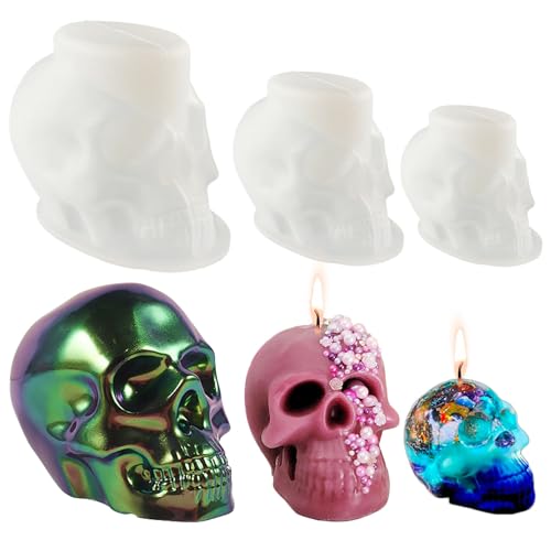 3 Stück Halloween Totenkopf Kerzenform Totenkopf Epoxidharz Formen, 3D Totenkopf Form Kerzenformen zum Gießen, Halloween Schädel Silikonform, Totenkopf Epoxidharz Silikonform für Haus Halloween Deko von Tuxuzal