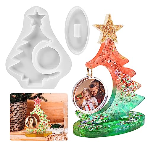 Groß Epoxidharz Formen Weihnachtsbaum Silikonform Bilderrahmen Epoxidharz Gießform Weihnachtsbaum Weihnachten Ornament Epoxidharz Fotorahmen mit Runde Anhänger Gießen Harzform Haus Dekoration von Tuxuzal