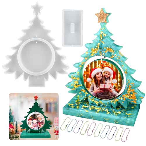 Groß Epoxidharz Formen Weihnachtsbaum Silikonform Bilderrahmen Epoxidharz Gießform Weihnachtsbaum Weihnachten Ornament Epoxidharz Fotorahmen mit Runde Anhänger Gießen Harzform Haus Dekoration von Tuxuzal