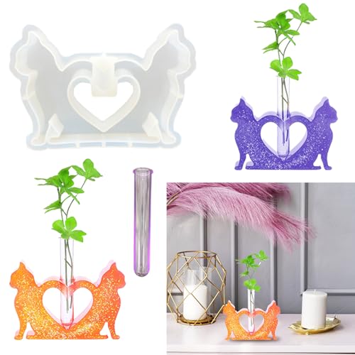 Katzen Silikonform Gießform Vase Epoxidharz Form Katzen Gießform mit Herz Silikonform Vase mit Reagenzglas Vase Harzform Gipsform Silikon Tiere Gießen Form DIY Vase Gießform Liebe Herz Katzen Handwerk von Tuxuzal