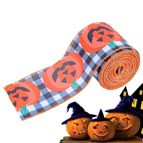 Tuxxjzm Halloween-Band mit Draht, 5 m langes Geschenkband, Halloween-Thema, Kürbis-Totenkopf-Muster, Bastelband für Kranz, Heimdekoration von Tuxxjzm
