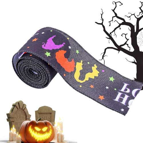 Tuxxjzm Halloween-Geschenkband mit Drahtrand, 5 m, Halloween-Thema, Kürbis-Totenkopf-Muster, Bastelband für Kranz, Heimdekoration von Tuxxjzm