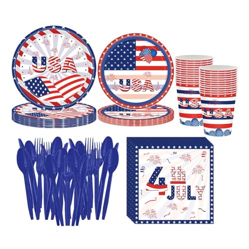 Tuxxjzm Patriotisches Geschirr-Set mit amerikanischer Flagge, patriotisches Partyzubehör, Geschirr-Set - Partybesteck zum Unabhängigkeitstag,Patriotische Pappteller, Servietten, Becher für Veteranen, von Tuxxjzm