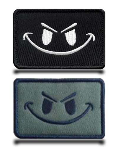 2 Stück Evil Happy Face DIY Flagge Patch Emblem lustig bestickt Verschluss Haken & Loop Applikation Taktische Militär-Aufnäher für Rucksäcke, Jacken, Westen, Taschen, Kleidung, Jeans, Mützen, Hüte von Tuyatezhi