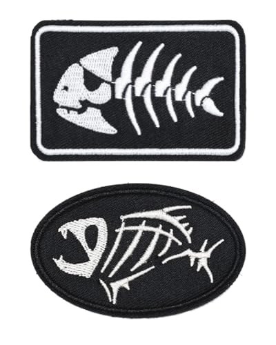 2 Stück Fisch Fischkelett Fischfossilien Stickerei Patch Flagge Abzeichen Lustiger Taktische Aufnäher Nylon Militär Applikation für Kleidung Hut Jacke Taschen Rucksäcke Weste von Tuyatezhi