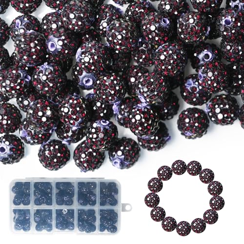 100 Stück 10 mm Strass-Perlen, glänzende runde Shamballa-Perlen, Tonperlen für Armbänder, Ohrringe, Schmuck, Halsketten, Bastelbedarf (Dunkelviolett) von Twinkleplant