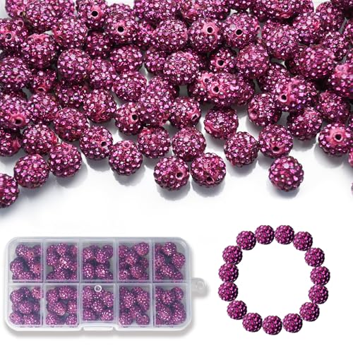 100 Stück 10 mm Strass-Perlen, glänzende runde Shamballa-Perlen, Tonperlen für Armbänder, Ohrringe, Schmuck, Halsketten, Bastelbedarf (Fuchsia) von Twinkleplant