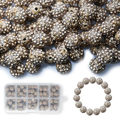 100 Stück 10 mm Strass-Perlen, glänzende runde Shamballa-Perlen, Tonperlen für Armbänder, Ohrringe, Schmuck, Halsketten, Bastelbedarf (Hellbraun) von Twinkleplant