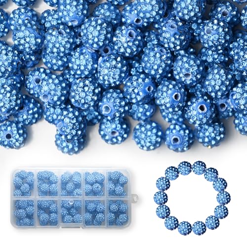 100 Stück 10 mm Strass-Perlen, glänzende runde Shamballa-Perlen, Tonperlen für Armbänder, Ohrringe, Schmuck, Halsketten, Bastelbedarf (Himmelblau) von Twinkleplant