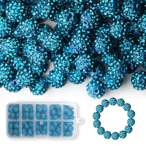 100 Stück 10 mm Strass-Perlen, glänzende runde Shamballa-Perlen, Tonperlen für Armbänder, Ohrringe, Schmuck, Halsketten, Bastelbedarf (Pfauenblau) von Twinkleplant