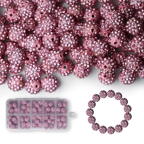 100 Stück 10 mm Strass-Perlen, glänzende runde Shamballa-Perlen, Tonperlen für Armbänder, Ohrringe, Schmuck, Halsketten, Bastelbedarf (Rosa) von Twinkleplant