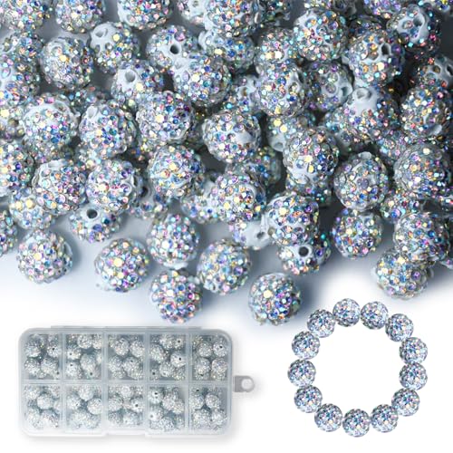 100 Stück 10 mm Strass-Perlen, glänzende runde Shamballa-Perlen, Tonperlen für Armbänder, Ohrringe, Schmuck, Halsketten, Bastelbedarf (Weiß AB) von Twinkleplant