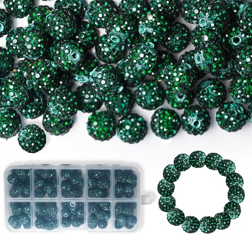 100 Stück 10 mm Strass-Perlen, glänzende runde Shamballa-Perlen, Tonperlen für Armbänder, Ohrringe, Schmuck, Halsketten, Bastelbedarf (dunkelgrün) von Twinkleplant