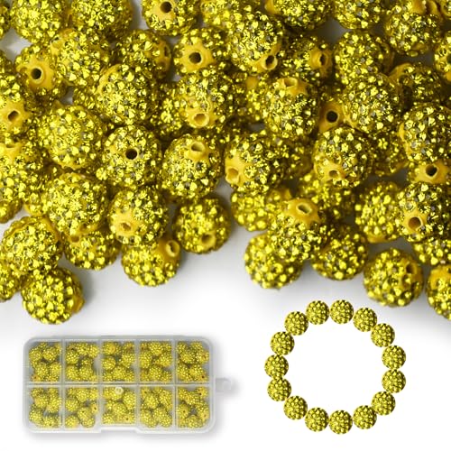 100 Stück 10 mm Strass-Perlen, glänzende runde Shamballa-Perlen, Tonperlen für Armbänder, Ohrringe, Schmuck, Halsketten, Bastelbedarf (gelb) von Twinkleplant