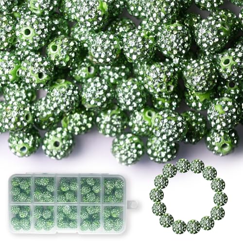 100 Stück 10 mm Strass-Perlen, glänzende runde Shamballa-Perlen, Tonperlen für Armbänder, Ohrringe, Schmuck, Halsketten, Bastelbedarf (grün) von Twinkleplant