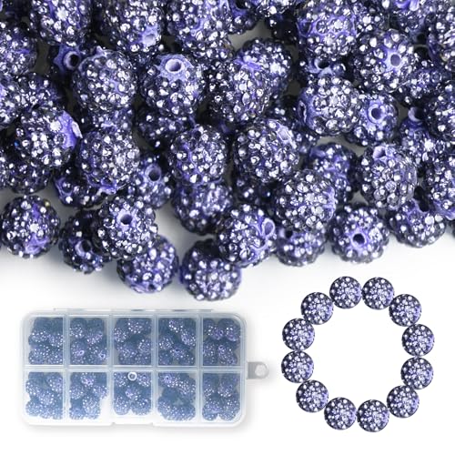 100 Stück 10 mm Strass-Perlen, glänzende runde Shamballa-Perlen, Tonperlen für Armbänder, Ohrringe, Schmuck, Halsketten, Bastelbedarf (lila) von Twinkleplant