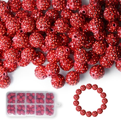 100 Stück 10 mm Strass-Perlen, glänzende runde Shamballa-Perlen, Tonperlen für Armbänder, Ohrringe, Schmuck, Halsketten, Bastelbedarf (rot) von Twinkleplant