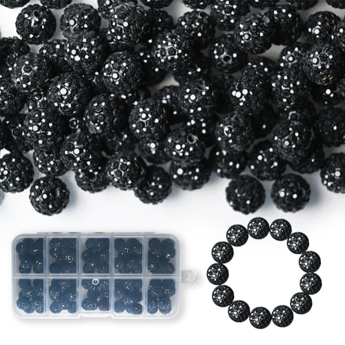 100 Stück 10 mm Strass-Perlen, glänzende runde Shamballa-Perlen, Tonperlen für Armbänder, Ohrringe, Schmuck, Halsketten, Bastelbedarf (schwarz) von Twinkleplant