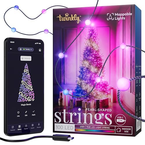 Twinkly Strings USB-C Pearls 100 LED, LED-Lichterkette in Perlenform, RGB LED-Lichter Mehrfarbig, Kompatibel mit Alexa und Google Home, Weihnachtsdeko, Stromversorgung USB-C, Grünes Kabel, 6m von Twinkly