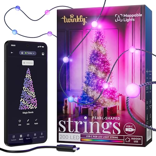 Twinkly Strings USB-C Pearls 200 LED, LED-Lichterkette in Perlenform, RGB LED-Lichter Mehrfarbig, Kompatibel mit Alexa und Google Home, Weihnachtsdeko, Stromversorgung USB-C, Grünes Kabel, 12m von Twinkly