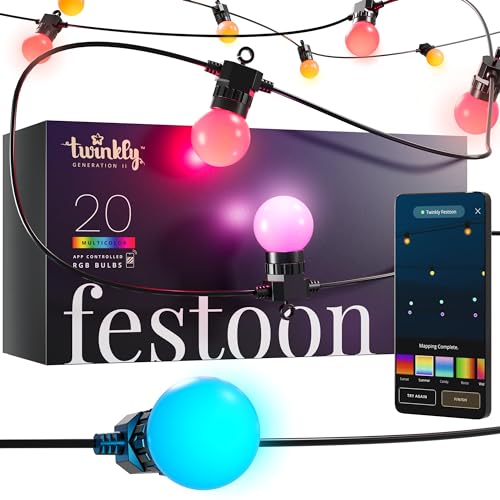 Twinkly Festoon 20 LED RGB, Lichterkette mit 20 LED-Lampen, Mehrfarbige RGB Außen- und Innenbeleuchtung, Kompatibel mit Alexa, Google Home, Gaming-Lichter, IP44, App-Steuerung, Schwarzes Kabel, 10m von Twinkly