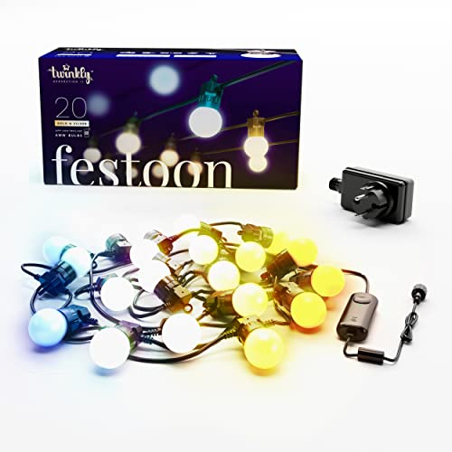 Twinkly Festoon 20 LED Weiß, Lichterkette mit 20 LED-Lampen, Außen- und Innenbeleuchtung von Warmweiß bis Kaltweiß, Kompatibel mit Alexa, Google Home, IP44, App-Steuerung, Schwarzes Kabel, 10m von Twinkly