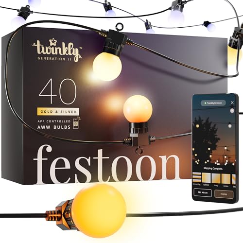 Twinkly Festoon 40 LED Weiß, Lichterkette mit 40 LED-Lampen, Außen- und Innenbeleuchtung von Warmweiß bis Kaltweiß, Kompatibel mit Alexa, Google Home, IP44, App-Steuerung, Schwarzes Kabel, 20m von Twinkly