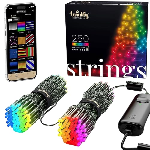 Twinkly Strings 250 LED RGB, LED-Lichterkette für Draußen und Drinnen, Smarte LED-Lichter, Kompatibel mit Alexa und Google Home, IP44, Weihnachtsdeko, App-Steuerung, Schwarzes Kabel, 20m von Twinkly