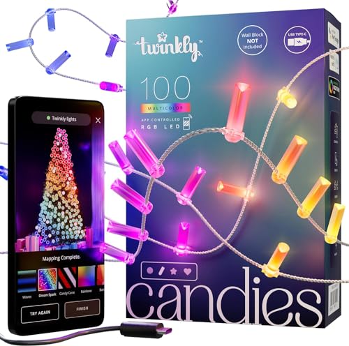 Twinkly Strings Candle 100 LED, LED-Lichterkette in Kerzenform, RGB LED-Lichter Mehrfarbig, Kompatibel mit Alexa & Google Home, Gaming-Lichter, Stromversorgung über USB-C, Transparentes Kabel, 6m von Twinkly