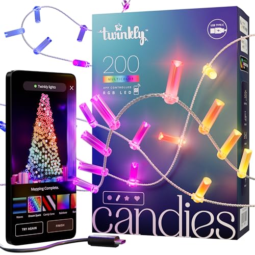 Twinkly Strings Candle 200 LED, LED-Lichterkette in Kerzenform, RGB LED-Lichter Mehrfarbig, Kompatibel mit Alexa & Google Home, Gaming-Lichter, Stromversorgung über USB-C, Transparentes Kabel, 2 x 6m von Twinkly