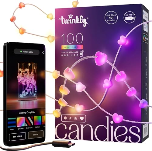 Twinkly Strings Hearts 100 LED, LED-Lichterkette in Herzform, RGB LED-Lichter Mehrfarbig, Kompatibel mit Alexa & Google Home, Gaming-Lichter, Stromversorgung über USB-C, Transparentes Kabel, 6m von Twinkly