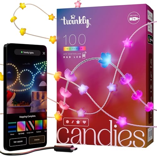 Twinkly Strings Star 100 LED, Sternförmige LED-Lichterkette, RGB LED-Lichter, Kompatibel mit Alexa & Google Home, Gaming-Lichter, Stromversorgung über USB-C, Transparentes Kabel, 6m von Twinkly