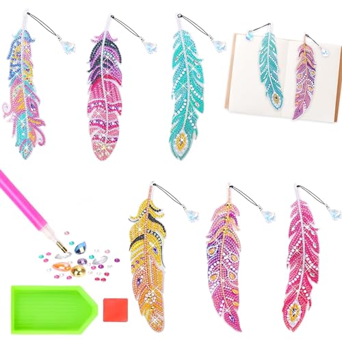 Txeouse 6 PCS Diamond Painting Lesezeichen für Kinder, DIY Diamant Malerei Feder Lesezeichen,Diamond Pasted Painting Bookmarks,mit Kristall-Anhänger,Weihnachten Geburtstag Geschenk für Kinder Mädchen von Txeouse