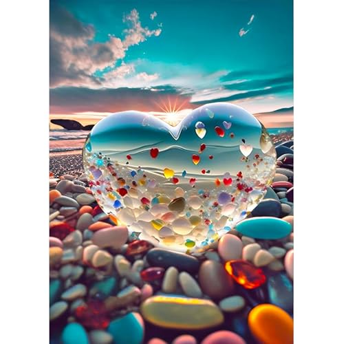 Tyanlenr 5D Diamond Painting Kristall Herz Strand Sonnenuntergang, DIY 5D Diamond Painting Set, Diamond Painting Herz am Strand, 5D Diamant Painting für Haus Büro Wanddekoration, 30x40 CM von Tyanlenr