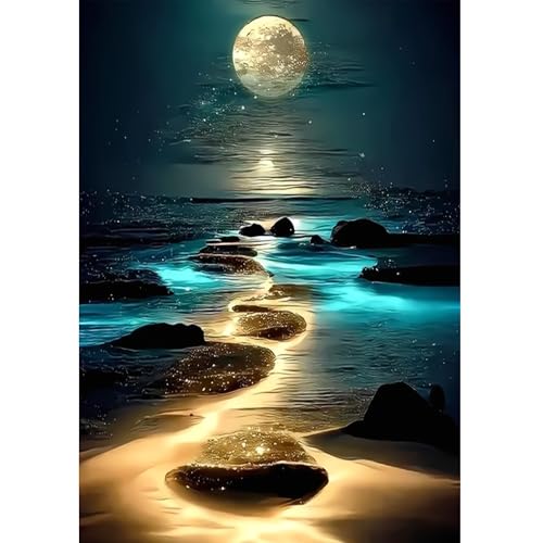 Tyanlenr DIY Strand Diamond Painting, 5D Natur Landschaft Mond Strand Meer Diamond Painting, Diamond Painting Erwachsene Kinder, 5D DIY Diamant Painting für Haus Büro Wanddekoration, 30x40 CM von Tyanlenr