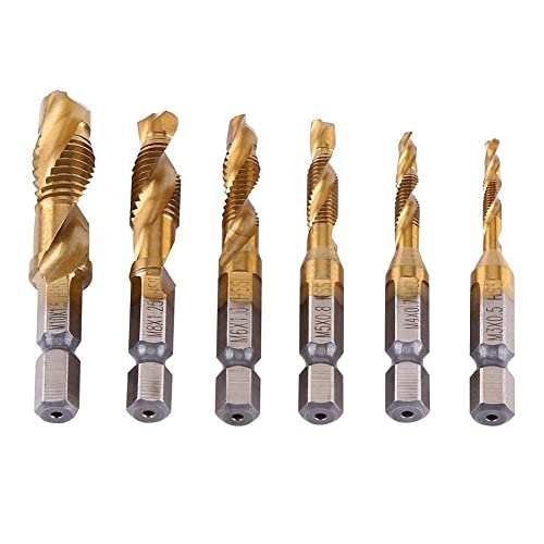 6 Stück Gewindebohrer Set, 1/4" HSS Kombi Bohrer und Gewindeschneider Set M3, M4, M5, M6, M8, M10 Werkzeuge Bohrer Set Metrisches Schraubengewinde für Holz Kunststoff Dünnes Aluminium von Tyenaza