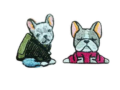 TH Set von 2 winzigen kleinen französischen Bulldoggen Welpen Haustier Hund Niedlich Cartoon Logo 13 Patches Nähen Eisen auf gestickte Applikation Abzeichen Zeichen Patch Kleidung Kostüm von Tyga_Thai