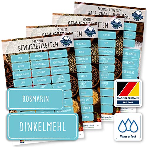 117 Gewürze Etiketten Aufkleber - eckig - Gewürzetiketten Selbstklebend - Wasserfest - Gewürz Sticker 52 x 20 mm und 65 x 25 mm - für Gewürzgläser, Dosen und Regale - Edition XL (türkis) von Typographus