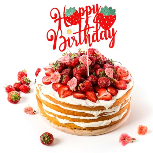 Tyqour 1 Stück Erdbeere Happy Birthday Geburtstag Tortendeko, Erdbeere Kuchendeko Geburtstag Cake Topper Geburtstag Glitzer Strawberry Kuchen Deko für Baby Dusche Jungen Mädchen Rot von Tyqour