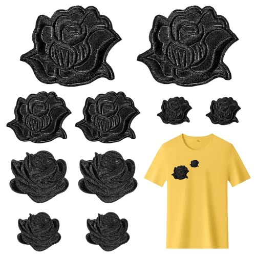 Tyqour 10 Stück Schwarz Rosen Applikationen Patch Bügelflicken Applikationen Rose Gestickte Aufnäher Reparaturflicken für Jeans T-shirt Jacken Hüte Kleidung Schuhe Tasche von Tyqour