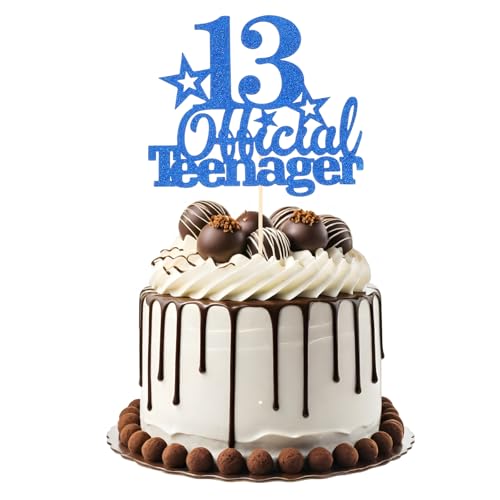 Tyqour 13.Geburtstag Tortendeko Blau Official Teenager 13th Birthday Cupcake Toppers 13 Happy Birthday Kuchen Deko Glitter für 13. Geburtstag Kuchendeko Dekoration Mädchen Jungen von Tyqour