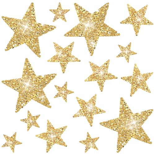 Tyqour 16 Stück Sterne zum Aufbügeln Stern Patches zum Aufbügeln,Strass Stern Aufnäher zum Aufbügeln Goldene Glitzerstern Bügelflicken Stern Glod Strass Sterne Patches for Clothes,Dress,Hat,Jeans von Tyqour