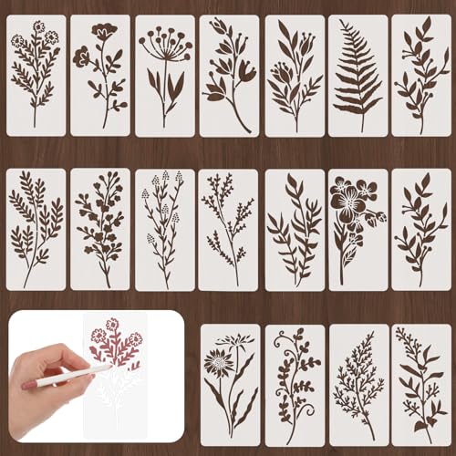 Tyqour 18 Stück Blumen Schablone,Malerei Schablonen Set,Wildflower Stencils for Painting,Wiederverwendbar Wildblumen Schablonen zum Malen, Kleine Schablonen zum Malen von Möbeln DIY Heim Dekoration von Tyqour