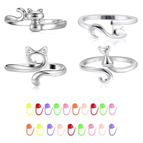 Tyqour 24 Stück Verstellbare Häkelringe Finger, Metall Häkelring für Fingergarn, Katze Häkel Ring für Finger, Häkelringe zum Häkeln Cat Crochet Ring Häkel Zubehör Häkelgeschenke für Häkelliebhaber von Tyqour