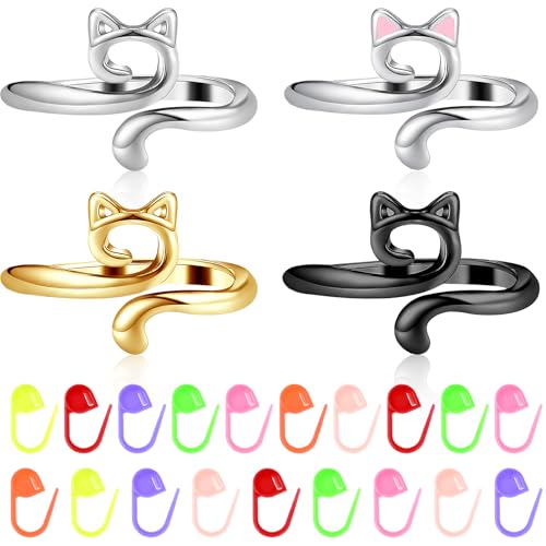 Tyqour 24 Stück Häkelringe zum Häkeln, Verstellbare Katze Strickschlaufe Häkelring, Metall Häkelring für Finger,Edelstahl Crochet Ring Häkel Ring für Frauen Mädchen Häkelgeschenke für Häkelliebhaber von Tyqour