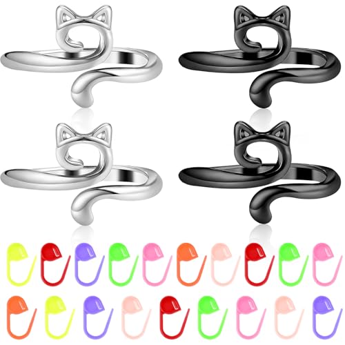 Tyqour 24 Stück Metall Häkelring Verstellbare Katze Häkel Ring für Finger, Häkelringe Finger Strickschlaufe Ring DIY Katzenohren Stricken Häkeln, Silber Häkelringe zum Häkeln, Edelstahl Crochet Ring von Tyqour