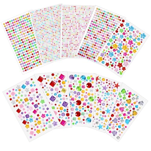 Tyqour 3200 Stück Glitzersteine Selbstklebend, Bunt Strasssteine Selbstklebend Acryl Bunt Glitzersteine zum Basteln Verschiedene Formen, Glitzer Sticker für Kinder,Gesicht,Nägel,Körper,DIY Handwerke von Tyqour