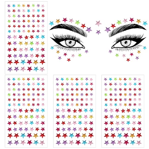 Tyqour 4 Blatt Glitzersteine Selbstklebend Gesicht Stern Strasssteine Selbstklebend Bunt Steine Gesicht Sterne Face Gems Schminke Dekorieren für Nägel Karneval Halloween Weihnachts Festival von Tyqour